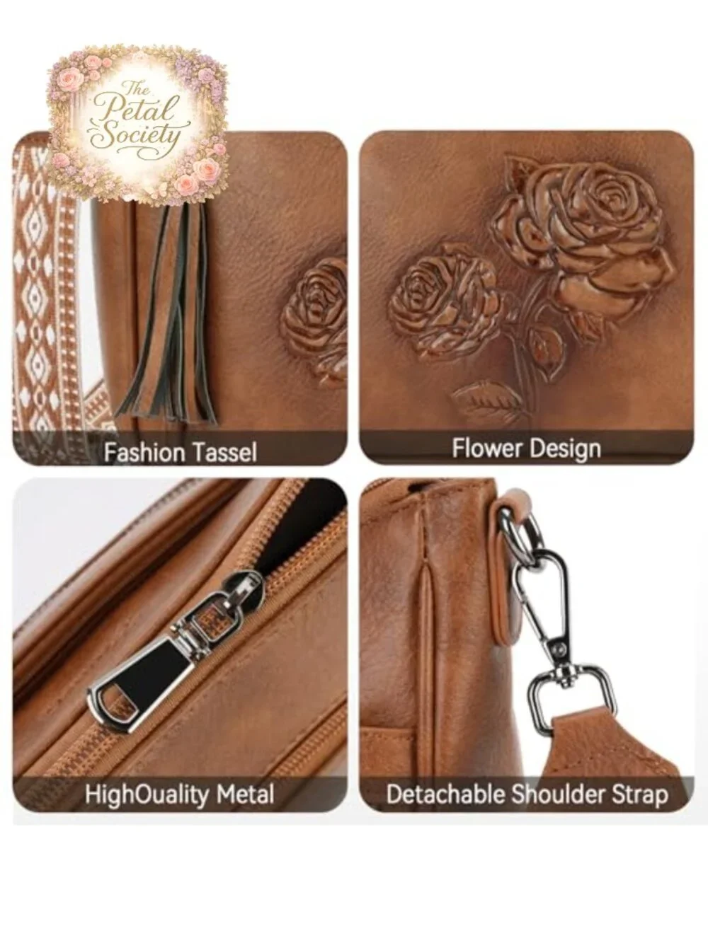 Vegan Leather Hobo Crossbody Bag Embossed Floral Shoulder Purse